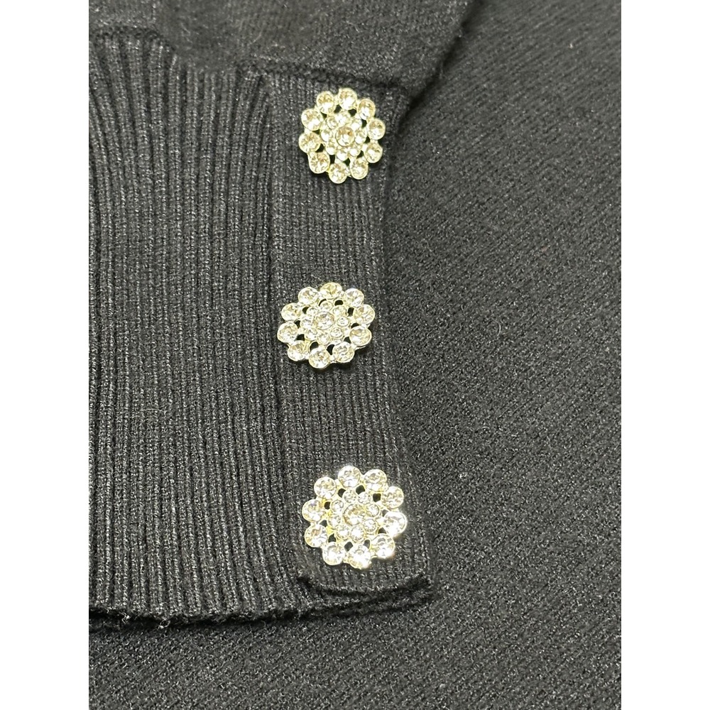 Tahari Womens Black Mock Neck Sweater Rhinestone Floral Button Cuffs Size Medium - Picture 3 of 8